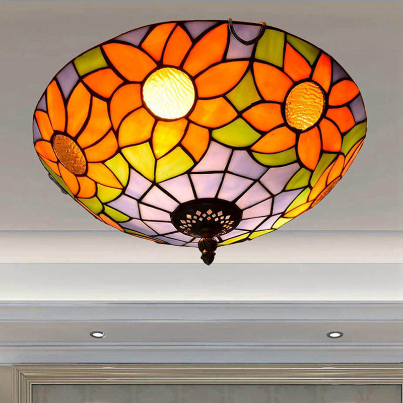 Plafonnier encastré en verre teinté Tiffany tournesol bleu/blanc avec 2/3 ampoules - 12"/16" L - Luminaire multicolore