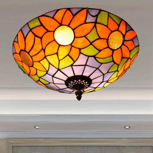 Blue/White Sunflower Tiffany Stained Glass Flush Mount Ceiling Light with 2/3 Bulbs - 12"/16" W - Multicolored Lighting Fixture