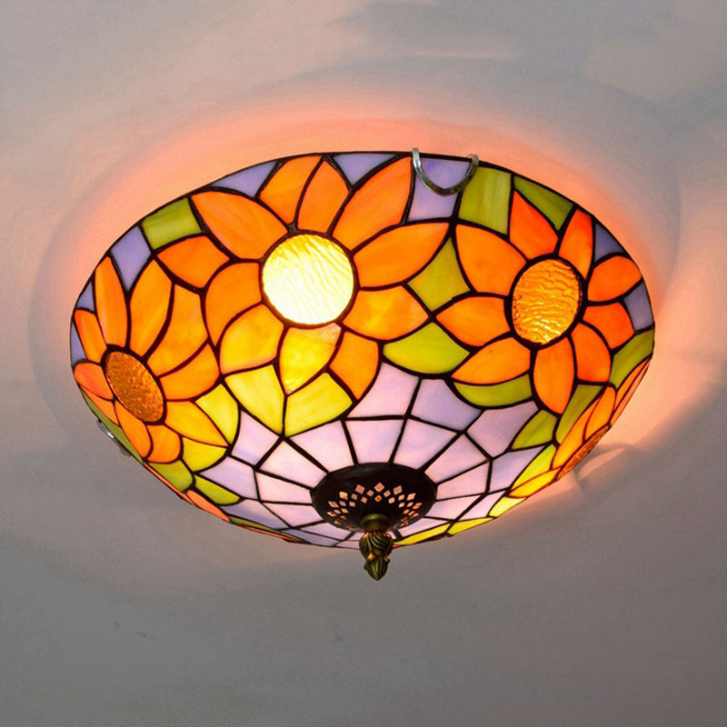 Plafonnier encastré en verre teinté Tiffany tournesol bleu/blanc avec 2/3 ampoules - 12"/16" L - Luminaire multicolore