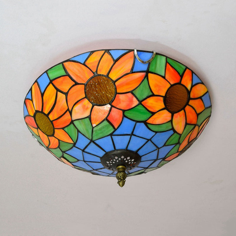 Plafonnier encastré en verre teinté Tiffany tournesol bleu/blanc avec 2/3 ampoules - 12"/16" L - Luminaire multicolore