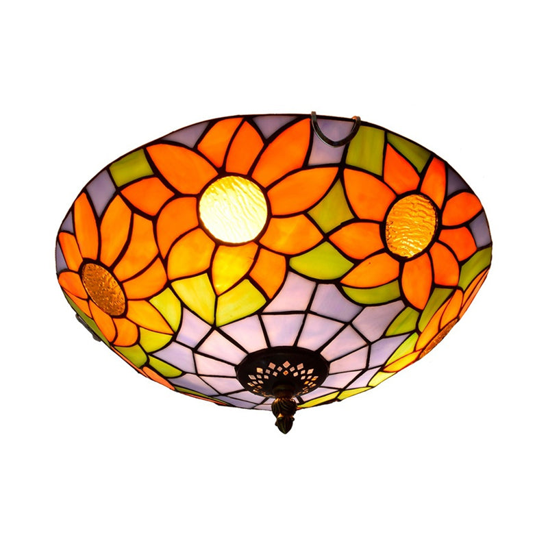 Plafonnier encastré en verre teinté Tiffany tournesol bleu/blanc avec 2/3 ampoules - 12"/16" L - Luminaire multicolore