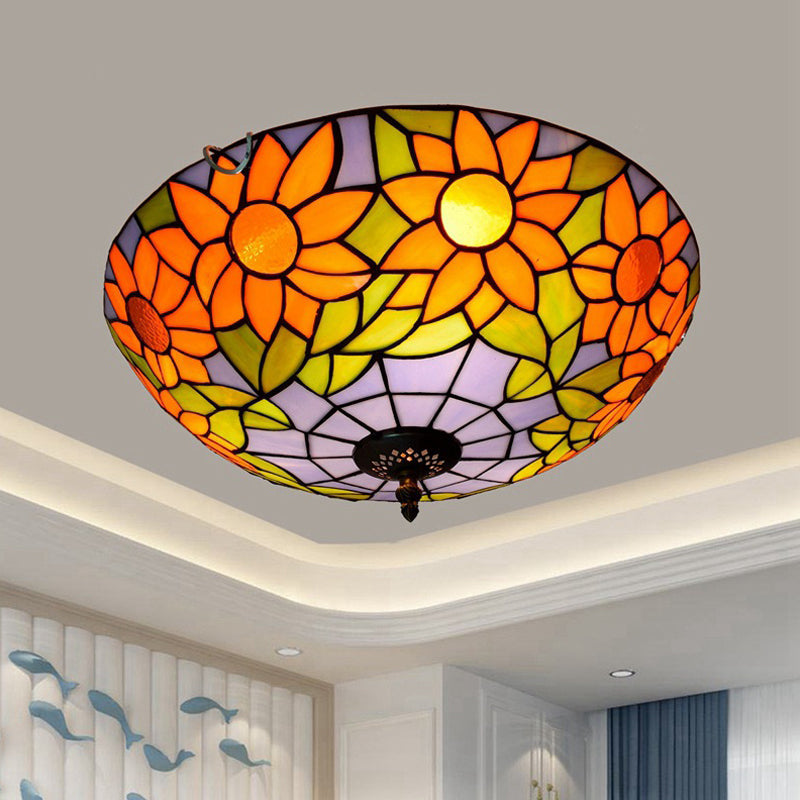 Plafonnier encastré en verre teinté Tiffany tournesol bleu/blanc avec 2/3 ampoules - 12"/16" L - Luminaire multicolore