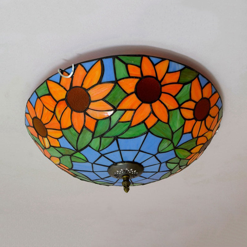 Plafonnier encastré en verre teinté Tiffany tournesol bleu/blanc avec 2/3 ampoules - 12"/16" L - Luminaire multicolore
