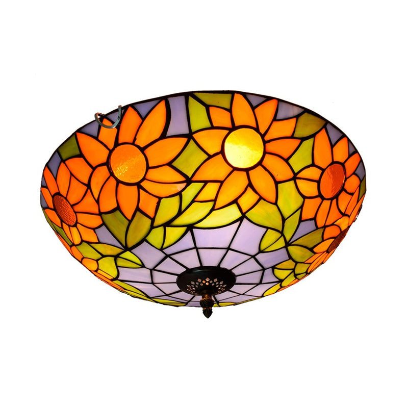 Plafonnier encastré en verre teinté Tiffany tournesol bleu/blanc avec 2/3 ampoules - 12"/16" L - Luminaire multicolore