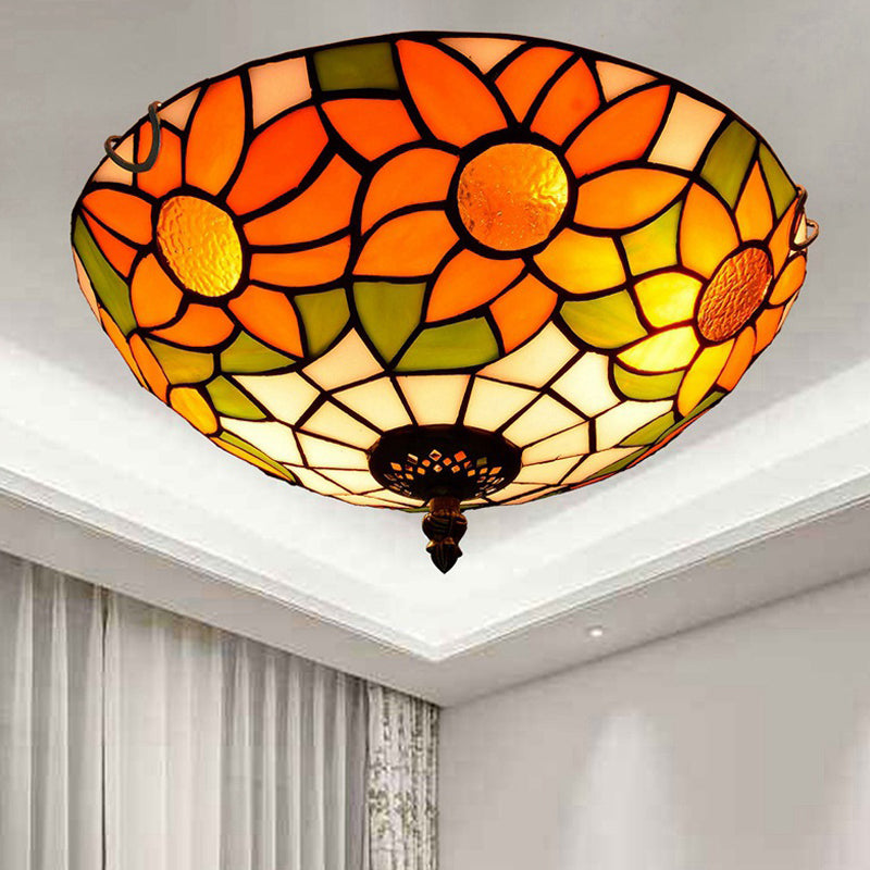 Plafonnier encastré en verre teinté Tiffany tournesol bleu/blanc avec 2/3 ampoules - 12"/16" L - Luminaire multicolore