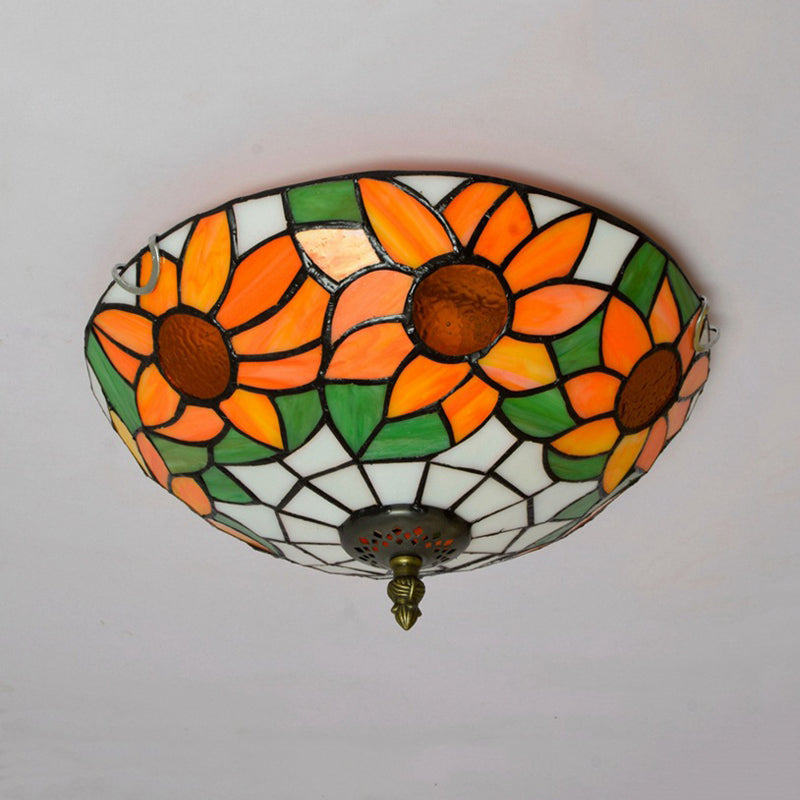 Plafonnier encastré en verre teinté Tiffany tournesol bleu/blanc avec 2/3 ampoules - 12"/16" L - Luminaire multicolore