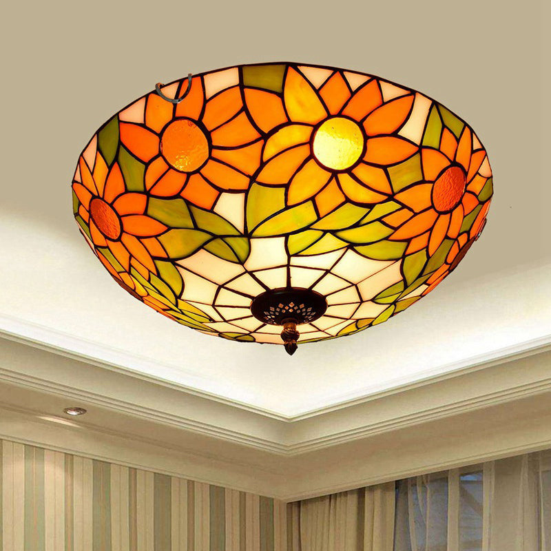 Plafonnier encastré en verre teinté Tiffany tournesol bleu/blanc avec 2/3 ampoules - 12"/16" L - Luminaire multicolore