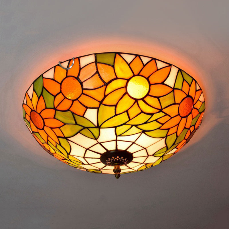 Plafonnier encastré en verre teinté Tiffany tournesol bleu/blanc avec 2/3 ampoules - 12"/16" L - Luminaire multicolore