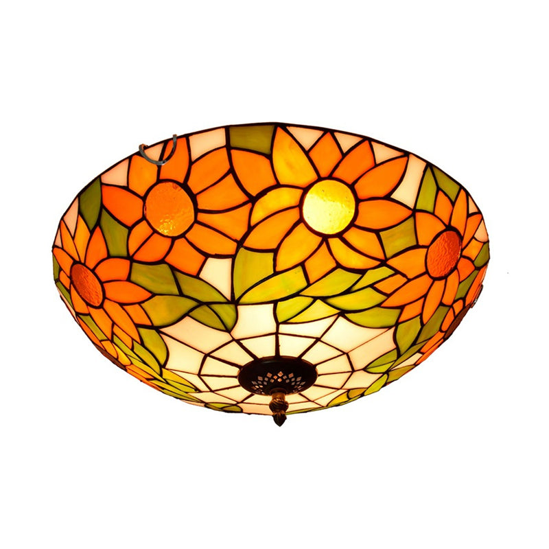 Plafonnier encastré en verre teinté Tiffany tournesol bleu/blanc avec 2/3 ampoules - 12"/16" L - Luminaire multicolore