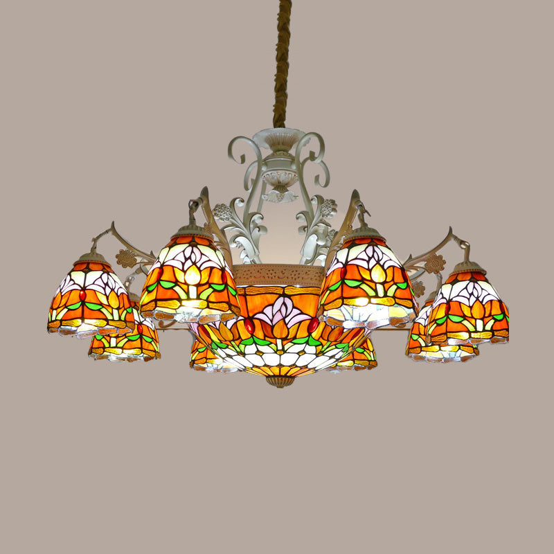 Mediterranean Stained Glass Dome Chandelier Pendant Light (9/11 Lights) in Distressed White