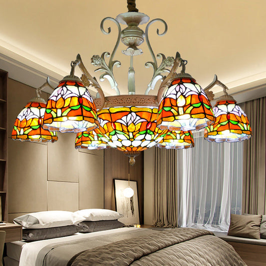 Lustre à dôme en vitrail méditerranéen (9/11 lumières) en blanc vieilli