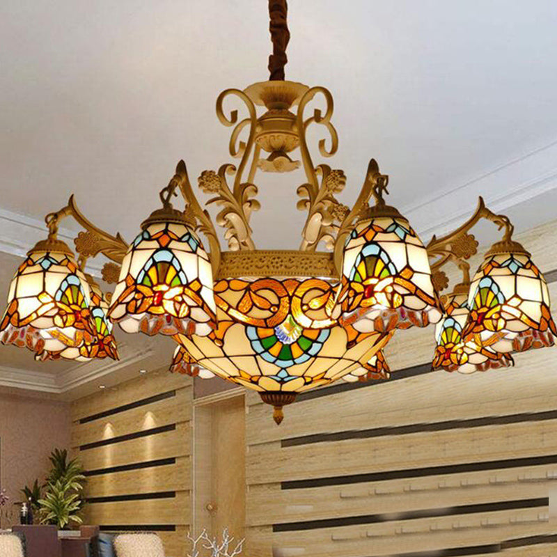 Lustre en verre teinté Tiffany à 9/11 lumières - Suspension blanche/dorée