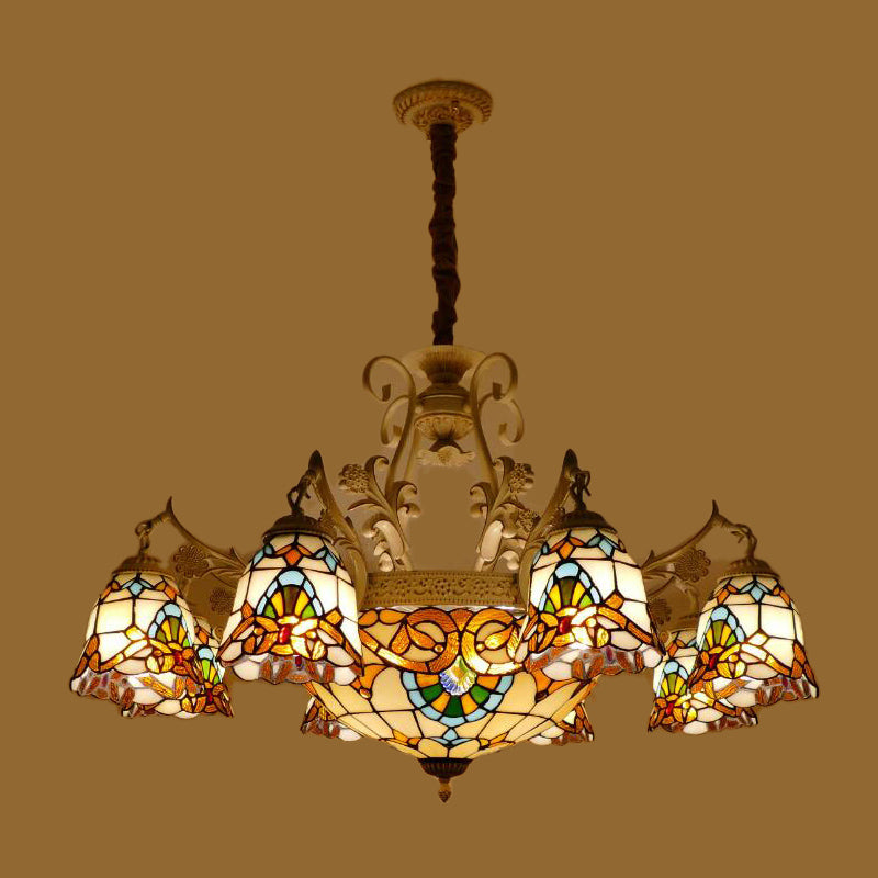 Lustre en verre teinté Tiffany à 9/11 lumières - Suspension blanche/dorée