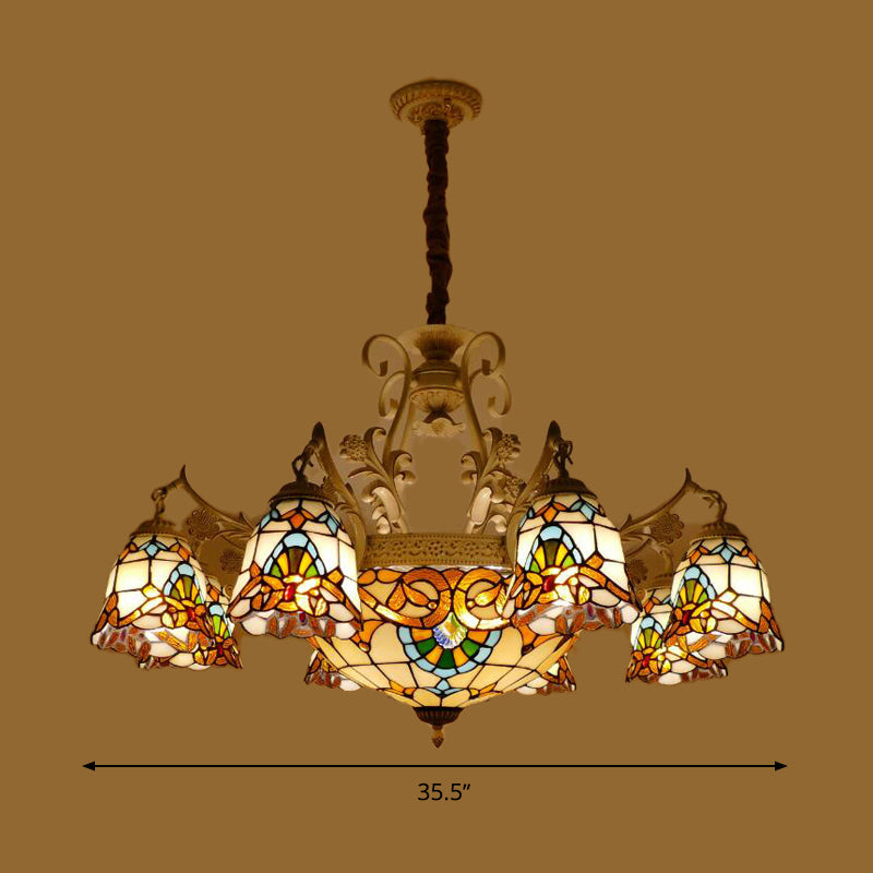 Tiffany Stained Glass Flower Chandelier Light - White And Gold Suspension Lighting With 9/11 Lights