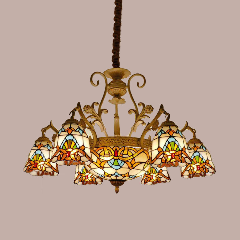 Lustre en verre teinté Tiffany à 9/11 lumières - Suspension blanche/dorée