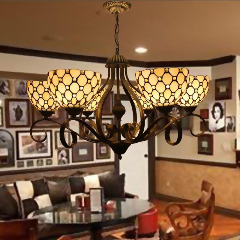 Lustre suspendu en vitrail méditerranéen avec finition beige ornée de bijoux - Disponible en 3 tailles et 3 options d'éclairage