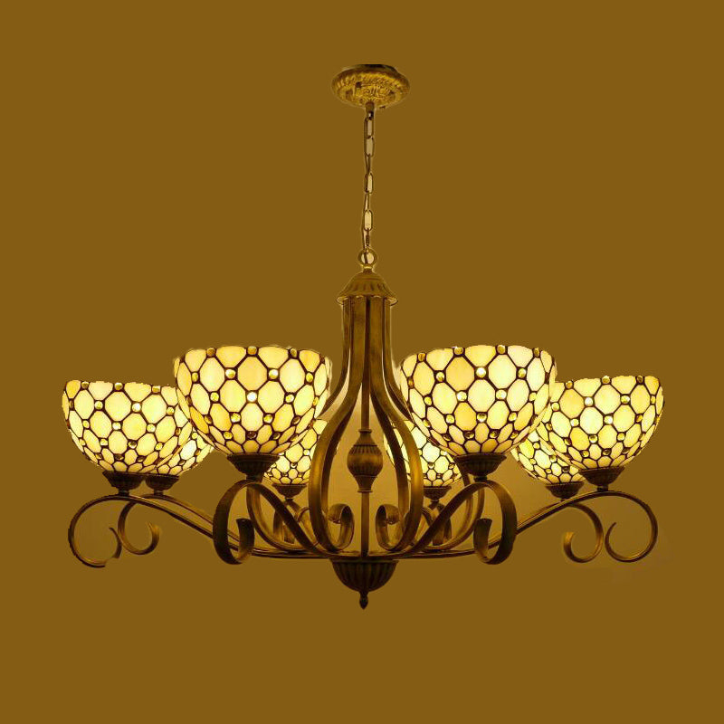 Lustre suspendu en vitrail méditerranéen avec finition beige ornée de bijoux - Disponible en 3 tailles et 3 options d'éclairage