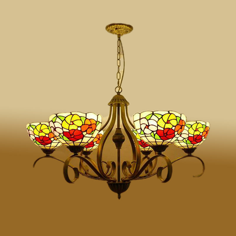 Lustre de plafond en vitrail méditerranéen avec motif floral - Suspension en laiton antique (3/6/8 lumières)