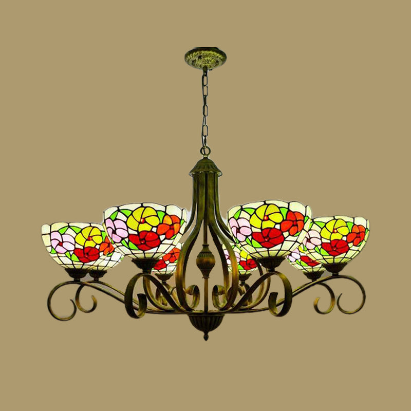 Lustre de plafond en vitrail méditerranéen avec motif floral - Suspension en laiton antique (3/6/8 lumières)