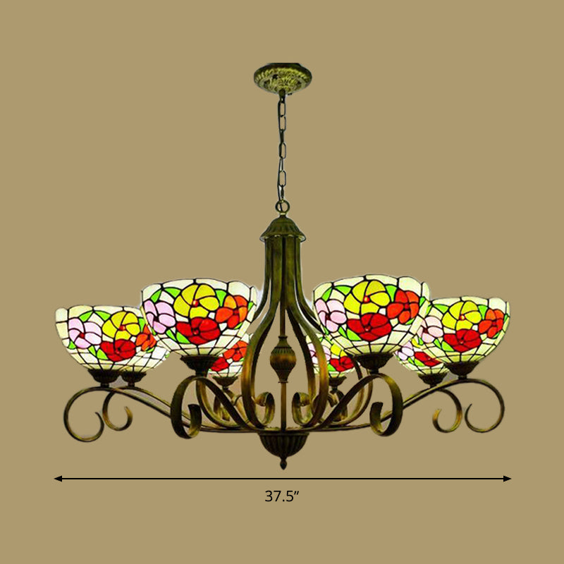 Lustre de plafond en vitrail méditerranéen avec motif floral - Suspension en laiton antique (3/6/8 lumières)
