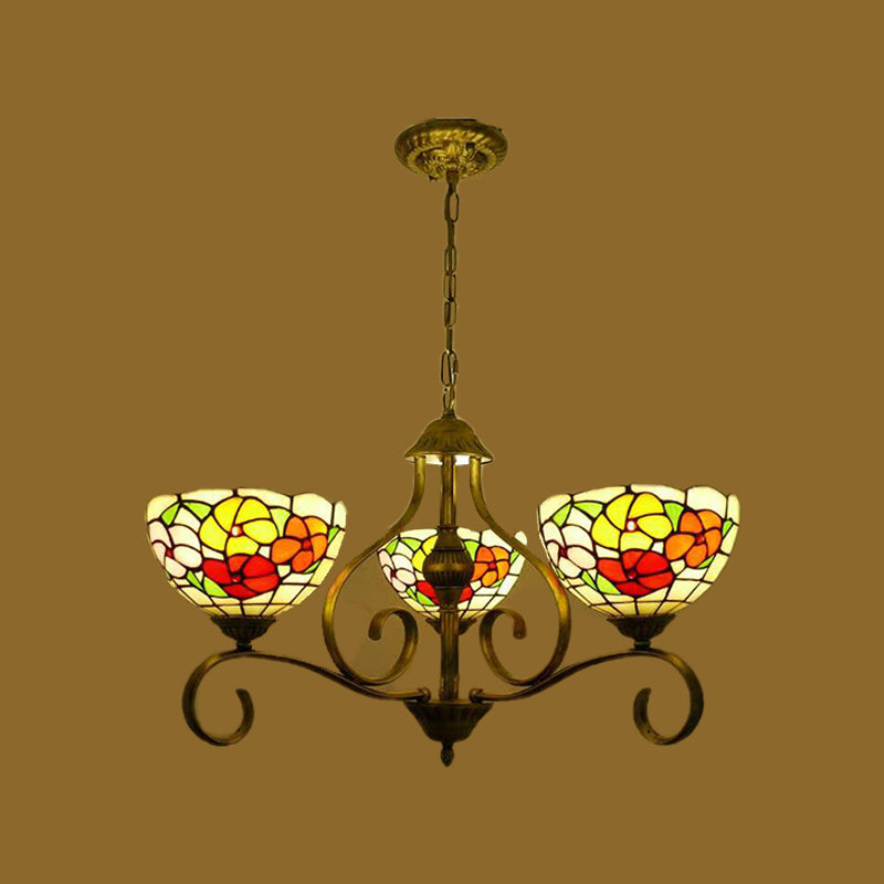 Lustre de plafond en vitrail méditerranéen avec motif floral - Suspension en laiton antique (3/6/8 lumières)