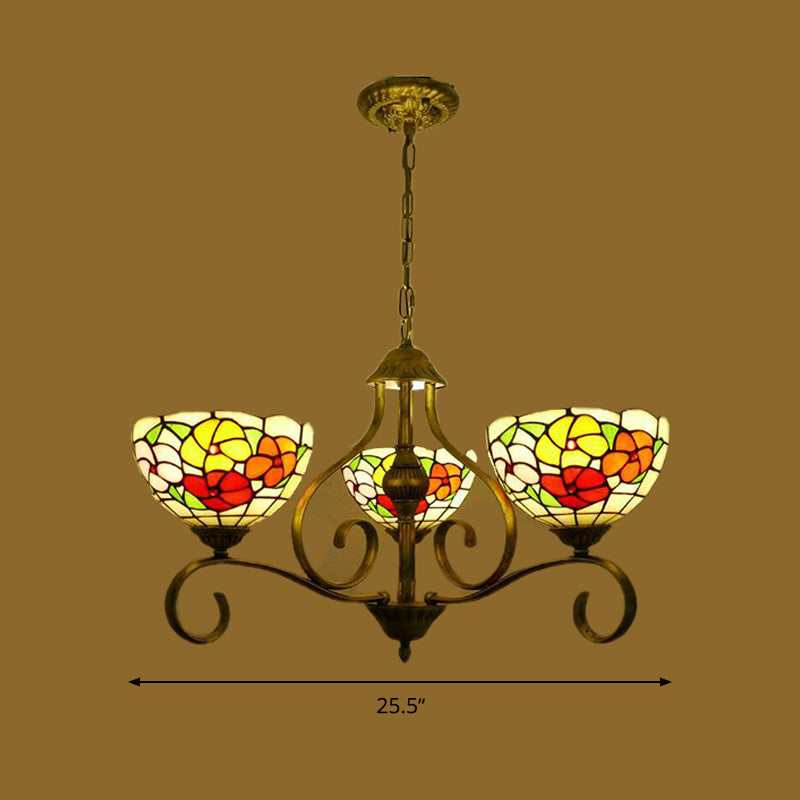 Lustre de plafond en vitrail méditerranéen avec motif floral - Suspension en laiton antique (3/6/8 lumières)
