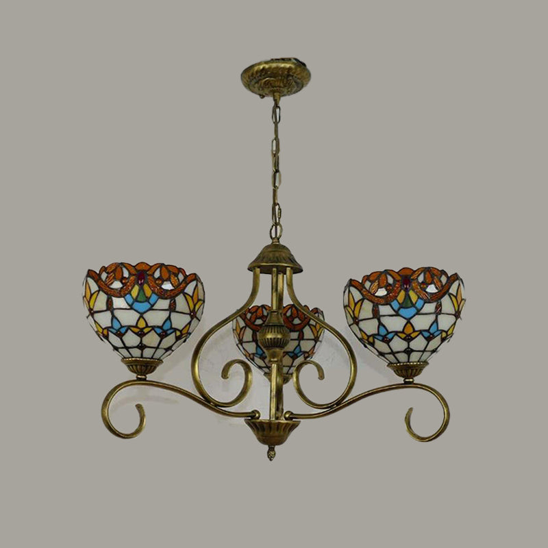 Stained Glass Tiffany Pendant Chandelier with Domed Shape - Antique Brass Finish, 3/6/8 Lights