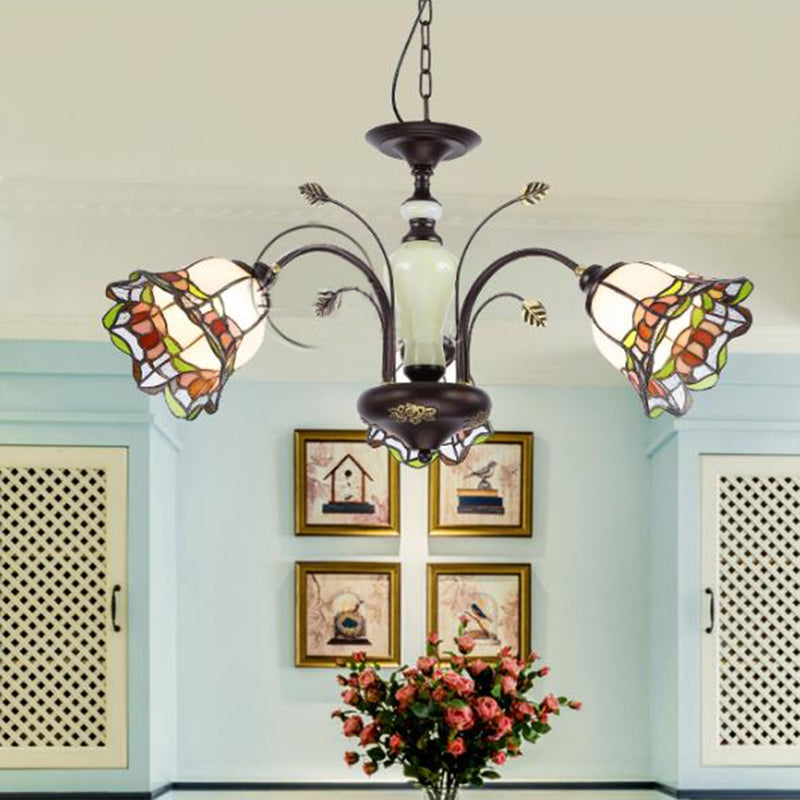 Tiffany Style Art Glass Pendant Chandelier with Floral Design & Bronze Finish for Bedroom - 3/6/8 Lights Available