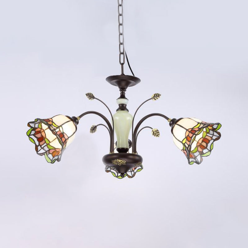 Tiffany Style Art Glass Pendant Chandelier with Floral Design & Bronze Finish for Bedroom - 3/6/8 Lights Available