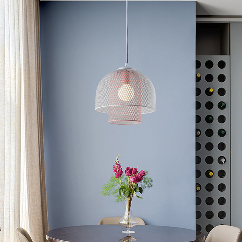 Contemporary Metallic Wire Mesh Pendant Lamp With 1 Light - White & Pink/White Blue Hanging