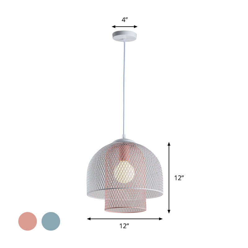Contemporary Wire Mesh Pendant Lamp - Metallic 1 Light in White with Pink/Blue Hanging Design