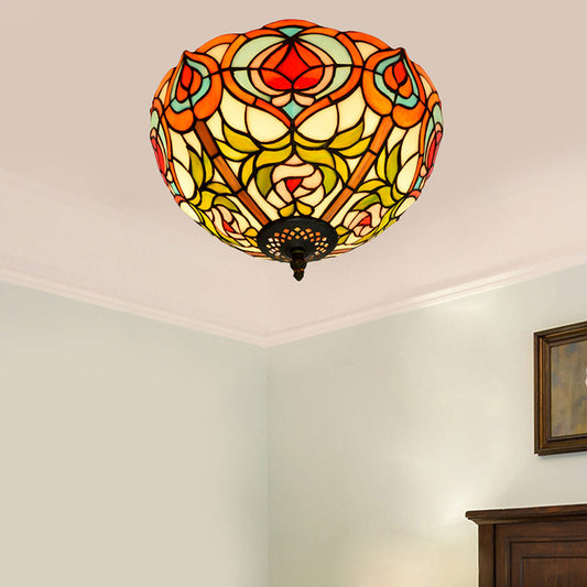 Victorian Glass Ceiling Flush Mount Light Fixture - Bowl Cut, 2/3/5 Heads, White/Green, 12"/16"/19.5" Wide