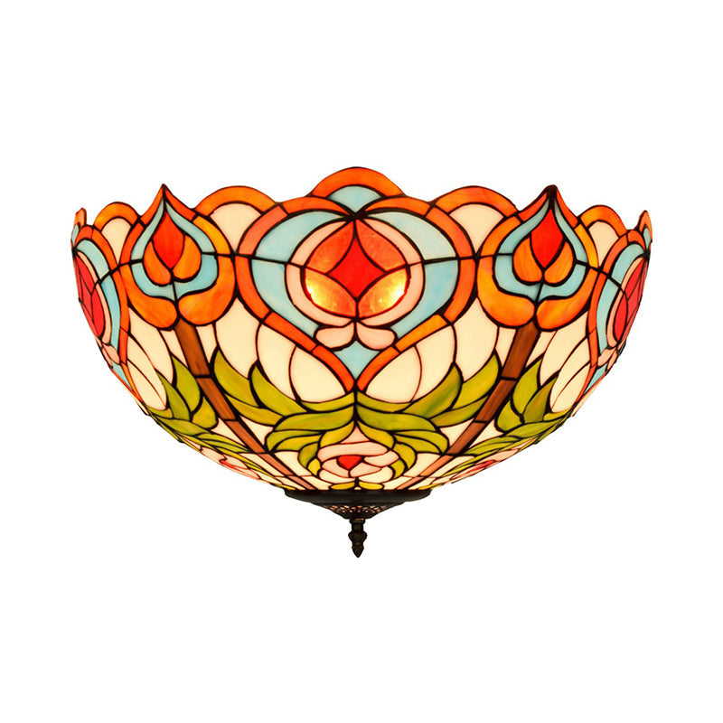 Victorian Glass Ceiling Flush Mount Light Fixture - Bowl Cut 2/3/5 Heads White/Green 12/16/19.5 Wide