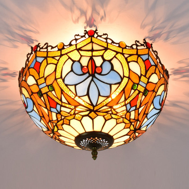 Blue Hand Cut Glass Ceiling Mount Light Scalloped Baroque Design 12/16 Width 2/3 Lights