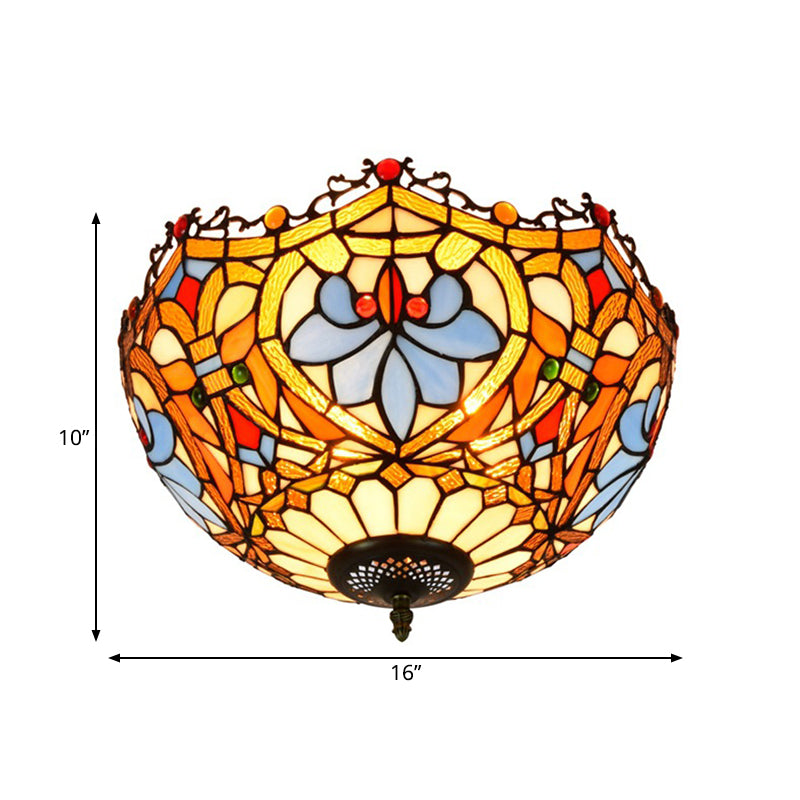 Blue Hand Cut Glass Ceiling Mount Light Scalloped Baroque Design 12/16 Width 2/3 Lights