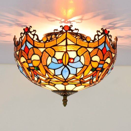 Blue Hand Cut Glass Ceiling Mount Light, Scalloped Baroque Design, 12"/16" Width, 2/3 Lights