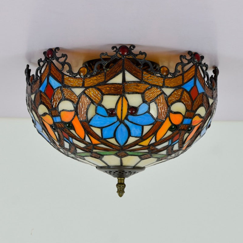 Blue Hand Cut Glass Ceiling Mount Light Scalloped Baroque Design 12/16 Width 2/3 Lights