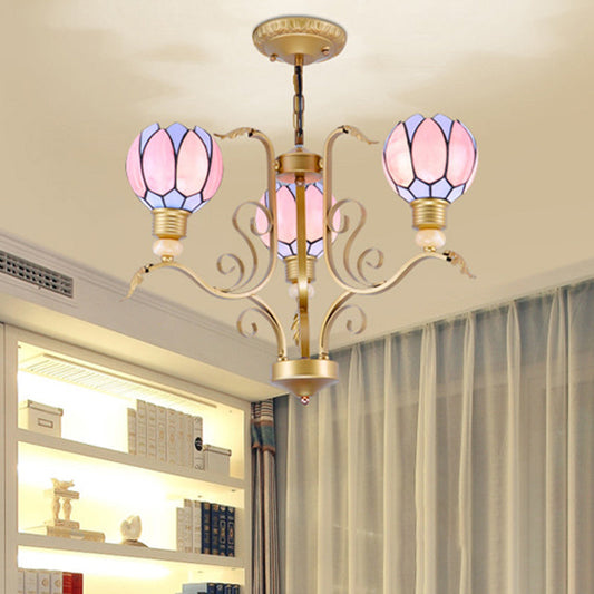 Lustre Tiffany en verre rose à fleurs - 3/5/6 lumières pour salon - Kit de lampe suspendue en laiton