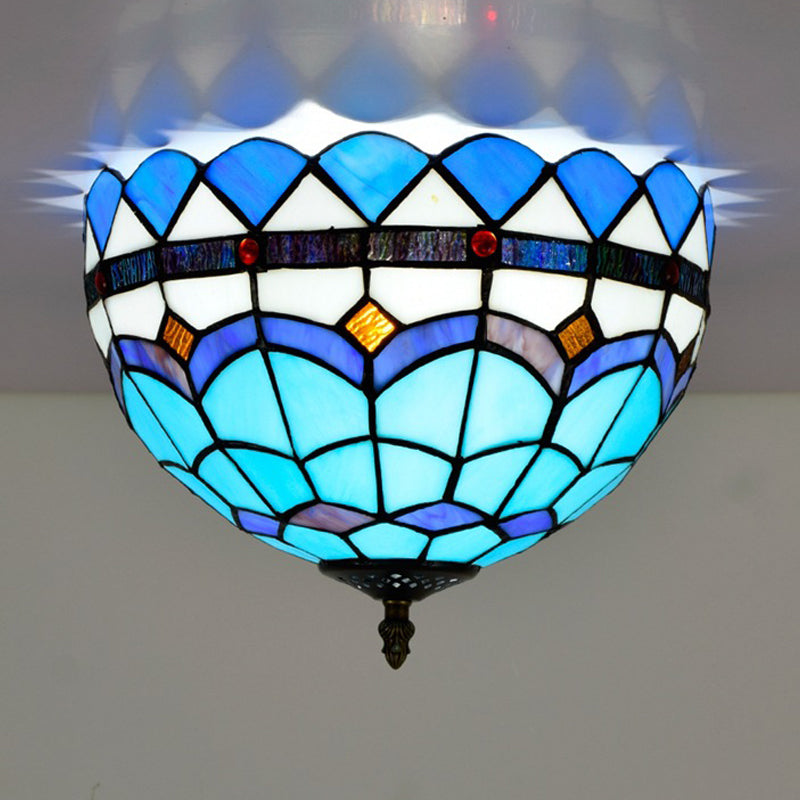 Mediterranean Hand Rolled Art Glass Bowl Flush Mount Light Fixture With Blue 2/3 Bulbs In 12/16 W