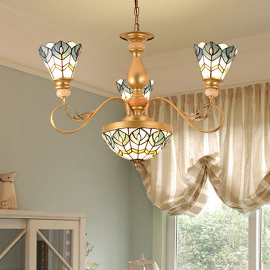 Lustre en plumes de paon doré avec vitrail - 3/5/6 lumières pour salon