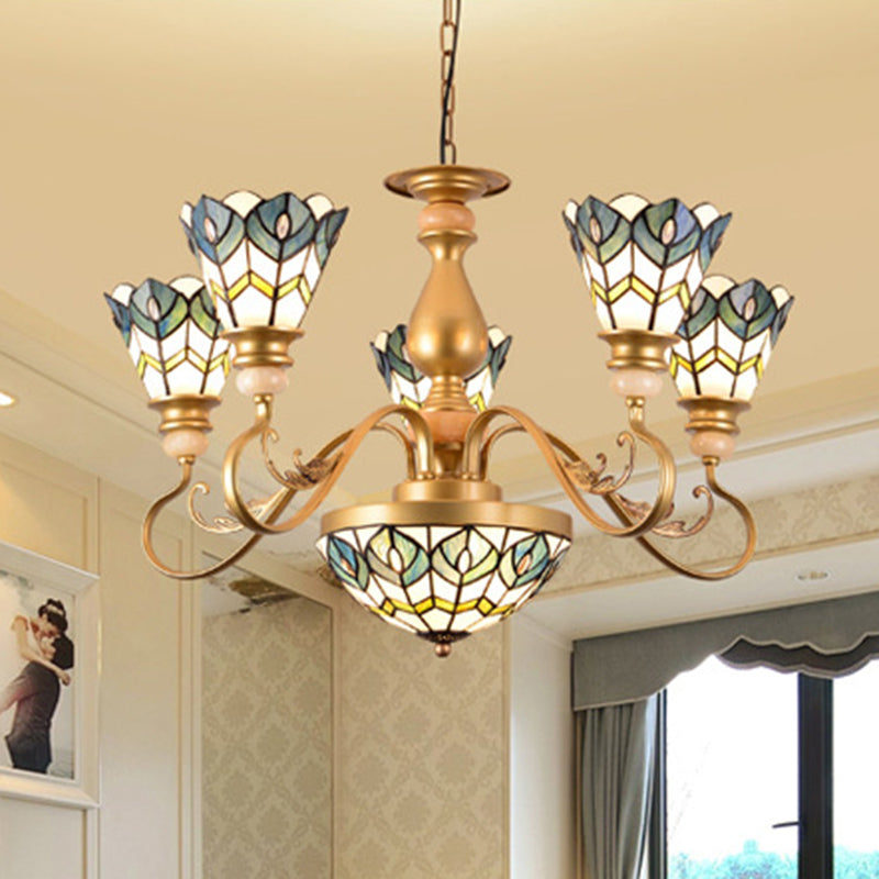 Gold Peacock Feather Chandelier with Stained Glass - 3/5/6 Lights for Living Room