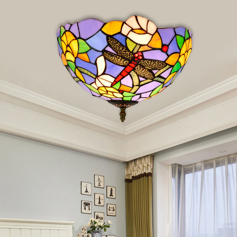 Tiffany Dragonfly Flush Mount - Handcrafted Stained Glass Ceiling Lamp with Brass Finish