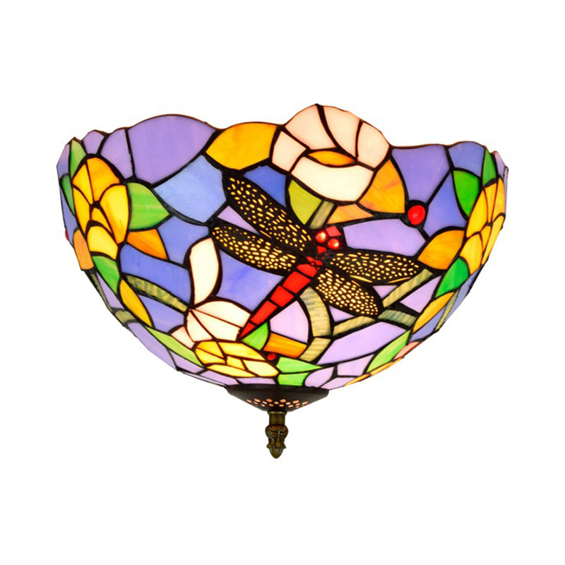 Tiffany Dragonfly Flush Mount - Handcrafted Stained Glass Ceiling Lamp with Brass Finish