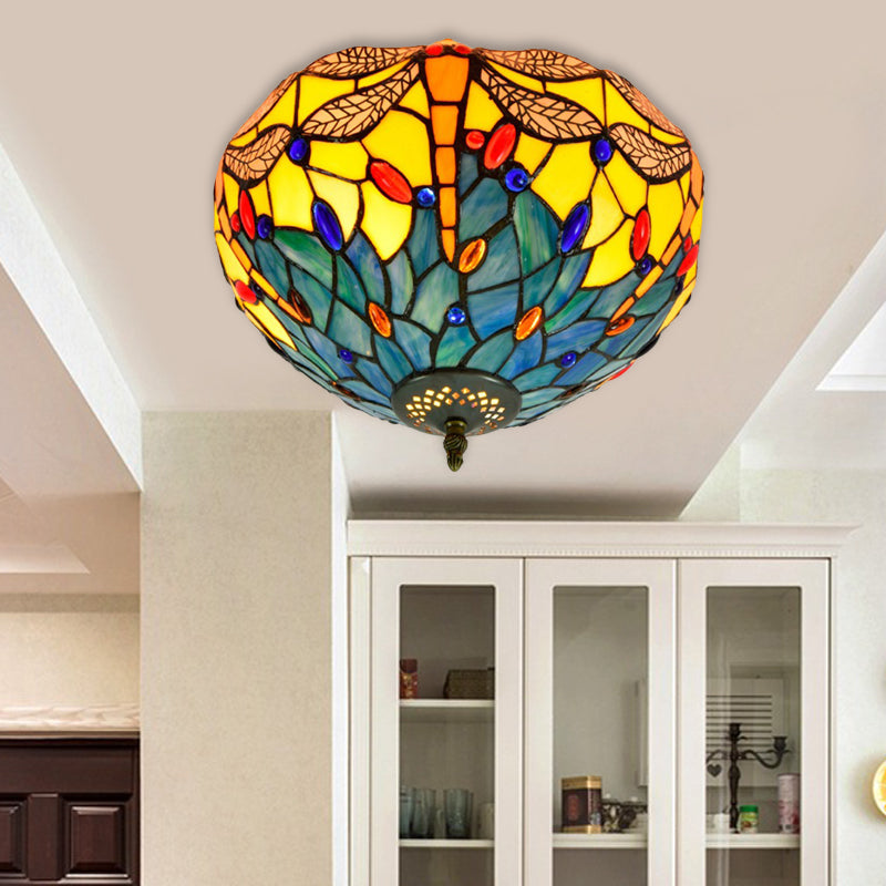 Tiffany Dragonfly Flush Mount - Handcrafted Stained Glass Ceiling Lamp with Brass Finish