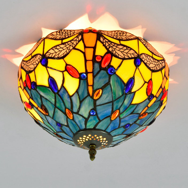 Tiffany Dragonfly Flush Mount - Handcrafted Stained Glass Ceiling Lamp with Brass Finish