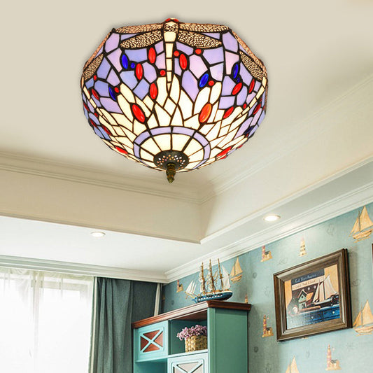 Tiffany Dragonfly Flush Mount - Handcrafted Stained Glass Ceiling Lamp with Brass Finish