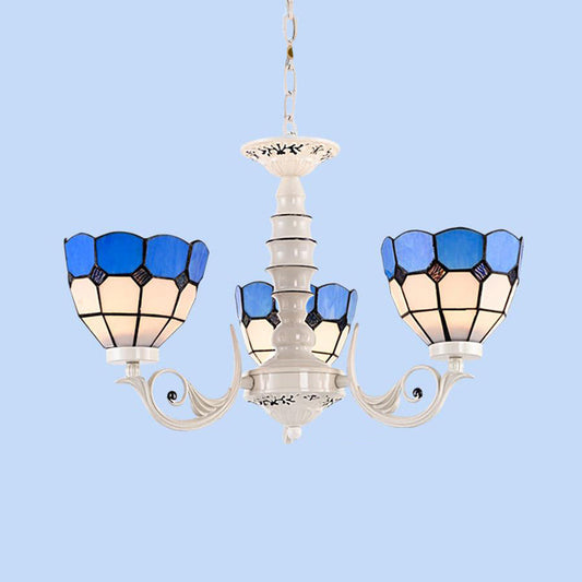 Lustre en forme de dôme en vitrail méditerranéen - Suspension à 3/5/8 lumières pour salon en blanc