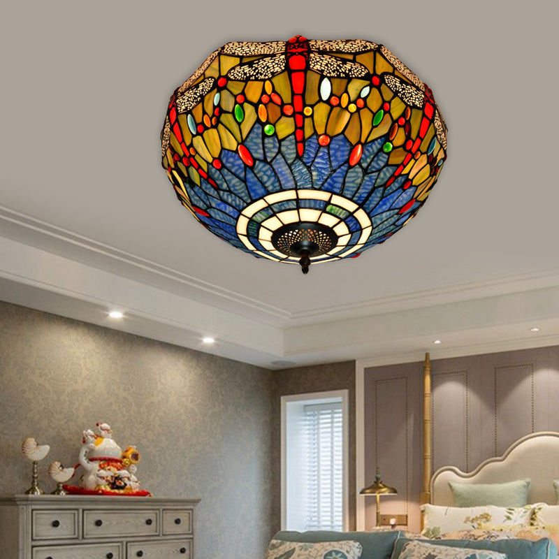 Tiffany Dragonfly Stained Glass Ceiling Lamp - Flush Mount Fixture in Red/Yellow/Orange - Perfect for Living Rooms