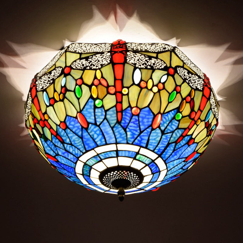 Tiffany Dragonfly Stained Glass Ceiling Lamp - Flush Mount Fixture in Red/Yellow/Orange - Perfect for Living Rooms