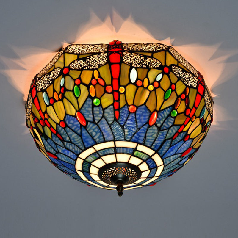 Tiffany Dragonfly Stained Glass Ceiling Lamp - Flush Mount Fixture in Red/Yellow/Orange - Perfect for Living Rooms
